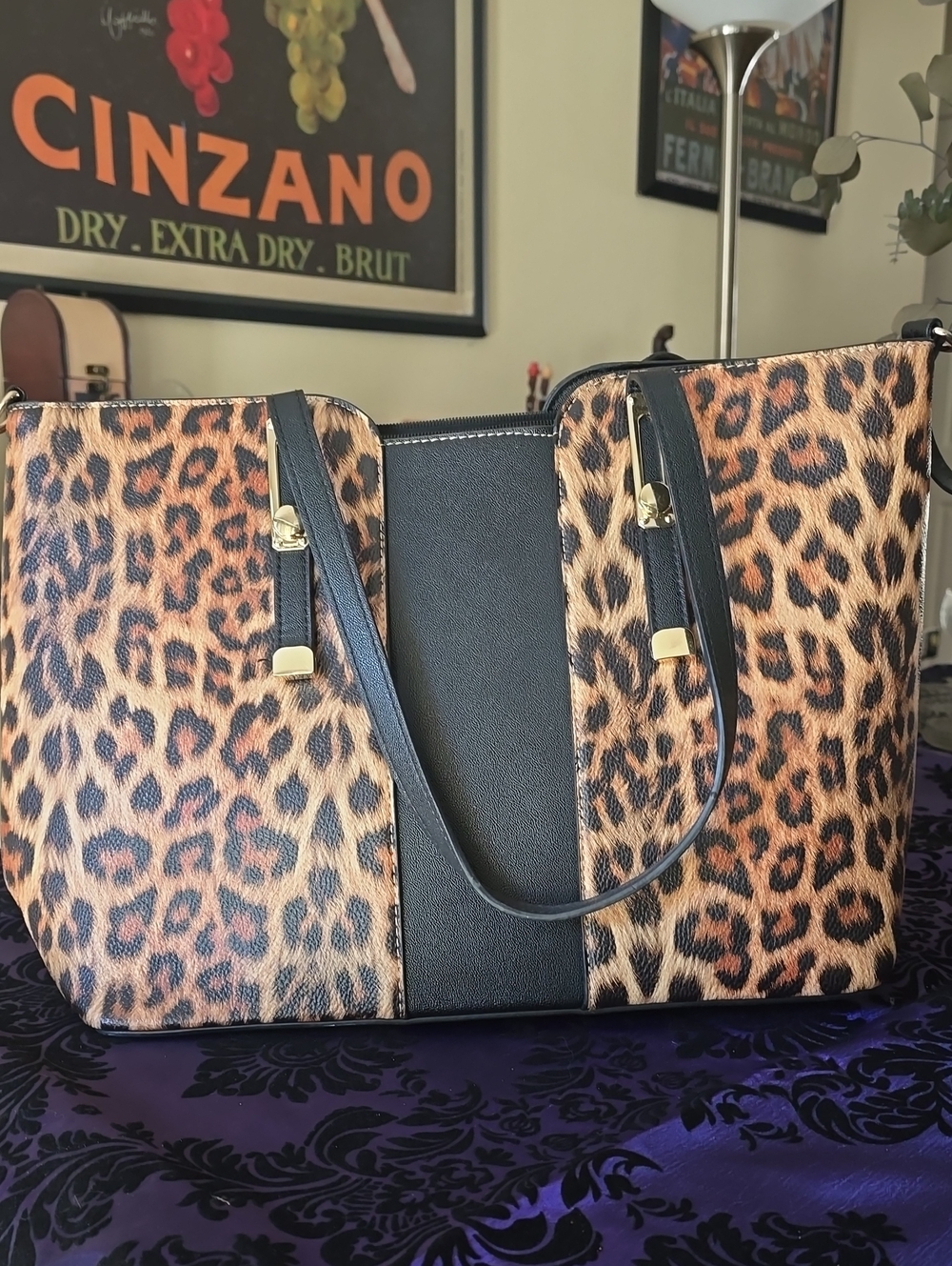 Leopard Print Tote Bag with Black Center Panel